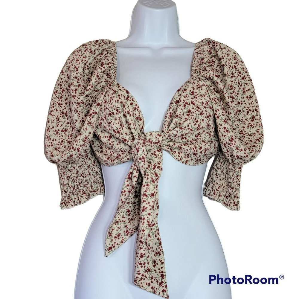 Blush BJ Women's Large Cream with Red Floral Front Tie Crop Top 3/4 Sleeve EUC